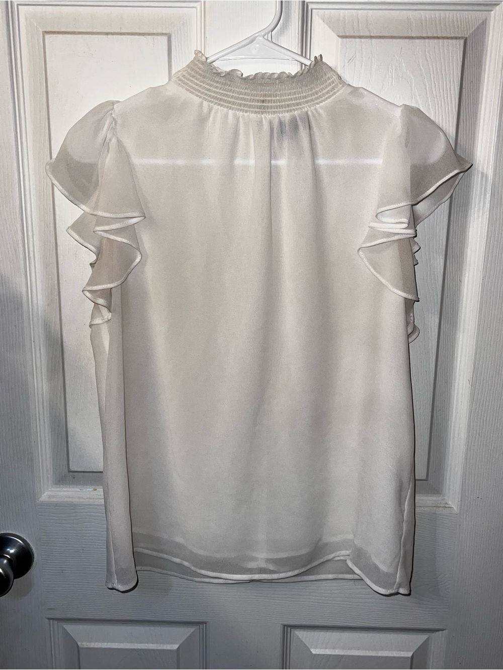 STATE Sheer Cream Ruffle Sleeve Smocked-Neck Blouse